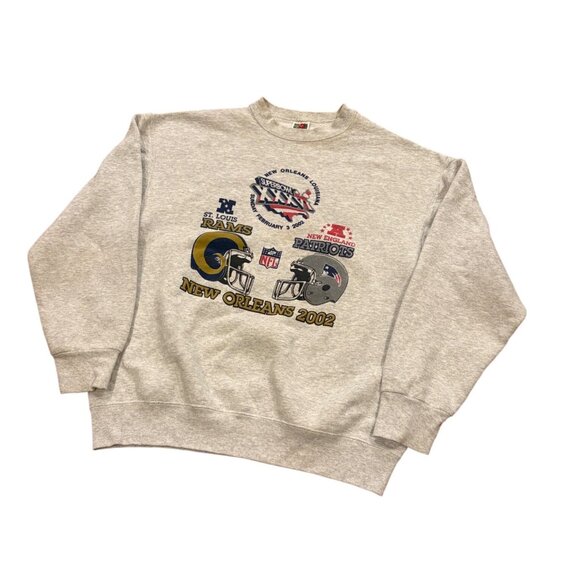 Vtg Super Bowl XXXVI Matchup Sweatshirt New England Patriots v St. Louis Rams XL - Picture 4 of 7